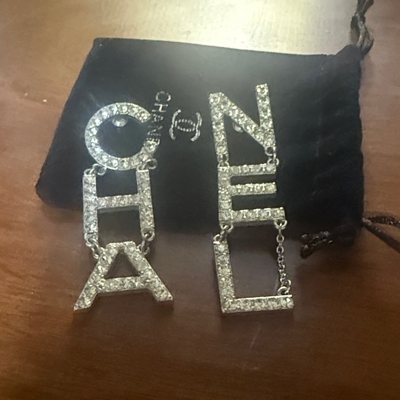 CHANEL Accessories - CHANEL Silver Crystal Logo Earrings